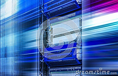 Cluster in server room speed light line motion blur 3d rendering Stock Photo