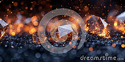 A cluster of shiny cubes elegantly arranged on a dark surface, reflecting light and creating a captivating display of Stock Photo