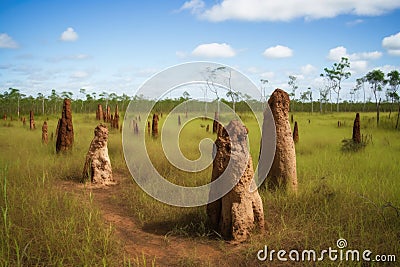 cluster of termite mounds of varying sizes Stock Photo