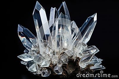 Cluster Of Transparent Quartz Crystals On Black Background. Generative AI Stock Photo