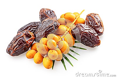 Cluster of yellow fresh dates, and semi-dried dates isolated on white background. File contains clipping path Stock Photo