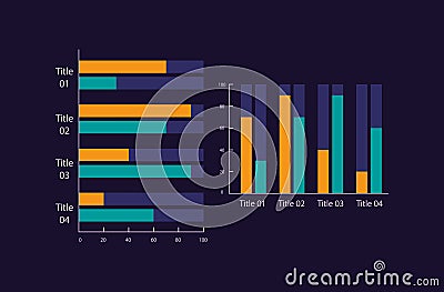 Clustered column infographic chart design template set for dark theme Vector Illustration