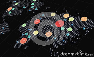 Clusters on world map. Perspective view. Human activity or danger spreading areas. Heatmap of activity. Global data visualization. Stock Photo