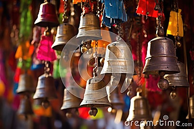 a clutter of bells in a colourful hindu temple Stock Photo