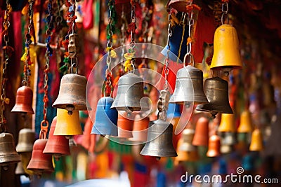 a clutter of bells in a colourful hindu temple Stock Photo