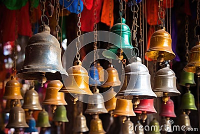 a clutter of bells in a colourful hindu temple Stock Photo