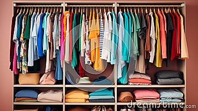 A clutter-free closet with clothes sorted by color Stock Photo
