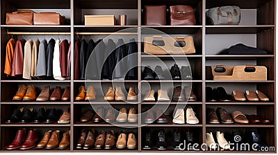 A clutter-free closet with shoes stored on shelves Stock Photo