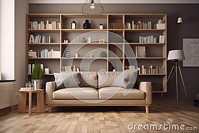 clutter-free living room, with cozy couch and bookshelf, for relaxing and reading Stock Photo