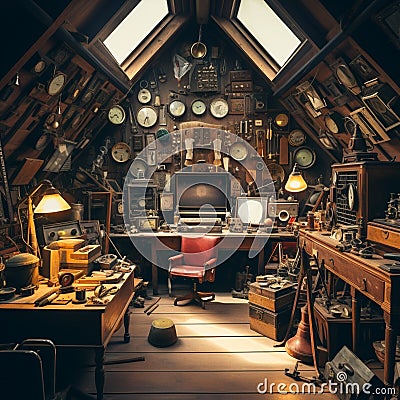 Cluttered attic space filled with vintage tech and antiques Stock Photo