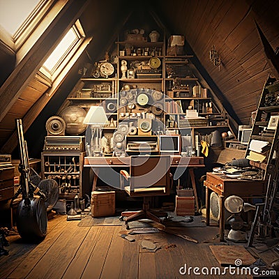 Cluttered attic space filled with vintage tech and antiques Stock Photo