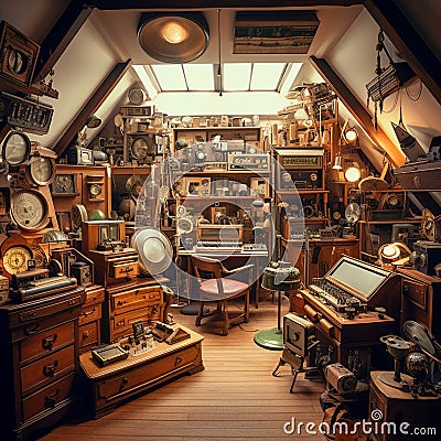 Cluttered attic space filled with vintage tech and antiques Stock Photo