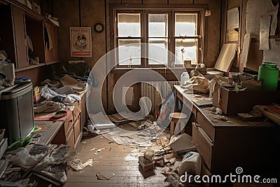 a cluttered and dirty room, with cleaning supplies nearby for a fresh start Stock Photo