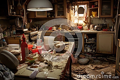 Cluttered Kitchen messy dirty. Generate Ai Stock Photo