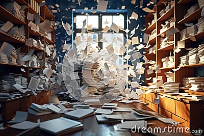 Cluttered office workspace with papers flying, creating a chaotic scene Stock Photo