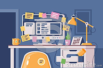 Cluttered workplace with computer pasted over with stickers. Vector Illustration