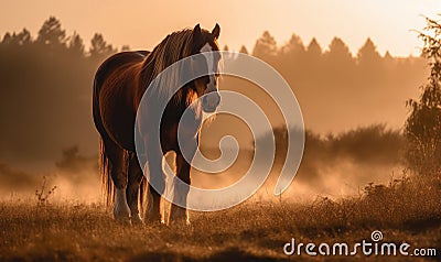 Clydesdale heavy draft-horse breed captured in a misty early morning pasture. The majestic horse stands tall its muscular frame Stock Photo