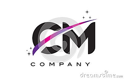 CM C M Black Letter Logo Design with Purple Magenta Swoosh Vector Illustration