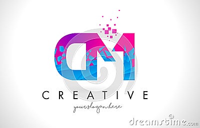 CM C M Letter Logo with Shattered Broken Blue Pink Texture Design Vector. Vector Illustration