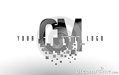 CM C M Pixel Letter Logo with Digital Shattered Black Squares Vector Illustration