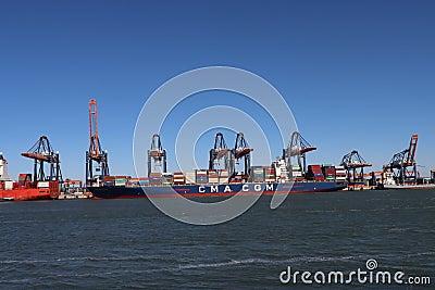 CMA CGM OTELLO loading and unloading containers in the Maasvlakte harbor in the Port of Rotterdam Editorial Stock Photo