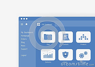 CMS admin dashboard concept. Manage content - create, edit and publish products or articles, configuration, seo Vector Illustration