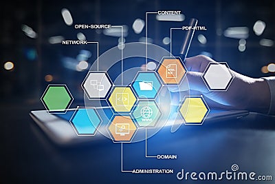 CMS. Content management system applications icons on virtual screen. Business, internet and technology concept. Stock Photo