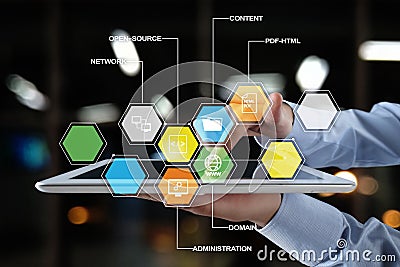 CMS. Content management system applications icons on virtual screen. Business, internet and technology concept. Stock Photo