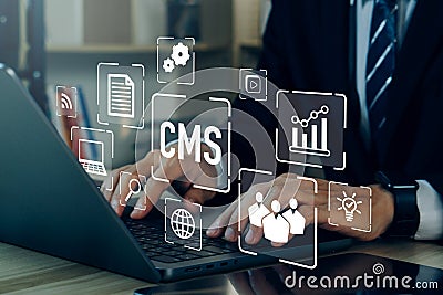 CMS - Content management system concept.Businessman using laptop to management cms software for publishing content.Blog promotion Stock Photo