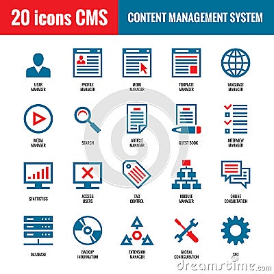 CMS - Content Management System - 20 vector icons. SEO - Search Engine Optimization vector icons. Vector Illustration