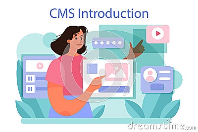 CMS introduction. Content management system. Creation and modification Vector Illustration
