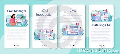 CMS introduction mobile application banner set. Content management system. Vector Illustration