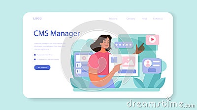 CMS introduction web banner or landing page. Content management system. Vector Illustration