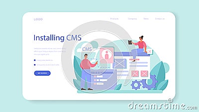 CMS introduction web banner or landing page. Content management system. Vector Illustration