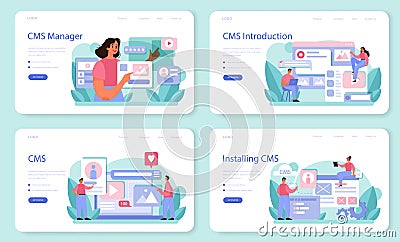 CMS introduction web banner or landing page set. Content management system. Vector Illustration