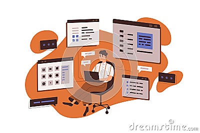 CMS management and development, web-site content administration concept. Administrator working with data base Vector Illustration