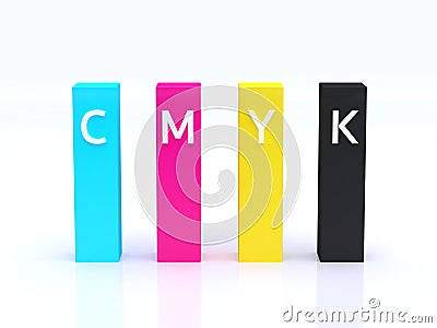 CMYK color graph preview cyan magenta yellow black floor reflection white background 3d rendering Stock Photo