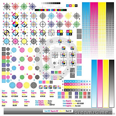 CMYK color management elements. Publishing graphic symbol utilities. Press mark. Calibration, cutting marks. EPS 10 Vector Illustration