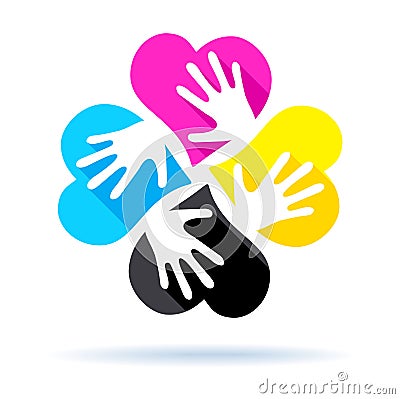 CMYK concept - four hearts with hands Vector Illustration