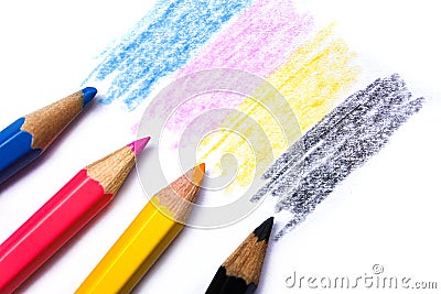 Cmyk concept - wooden crayon texture with cyan blue red magenta yellow and black drawings on white paper background Stock Photo