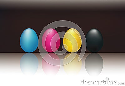 CMYK concept with 3d eggs cyan magenta yellow and black. Black background Stock Photo