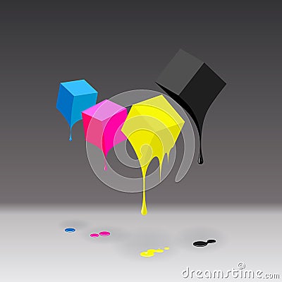 CMYK cubes with blobs on grey background. Cartoon Illustration