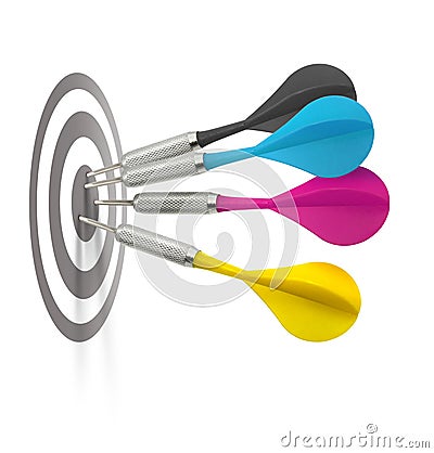 Cmyk darts hitting target Stock Photo