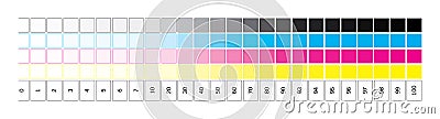 CMYK gradient from 0 to 100 percent print test control scales. Vector Illustration