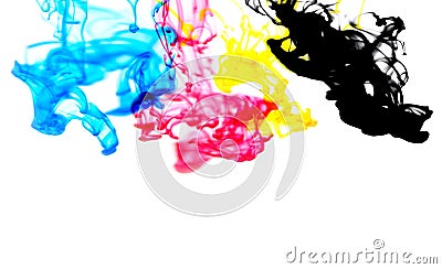 Cmyk ink concept color splash for paint with cyan blue red magenta yellow and black - Rainbow ink drop Acrylic colors in water on Stock Photo