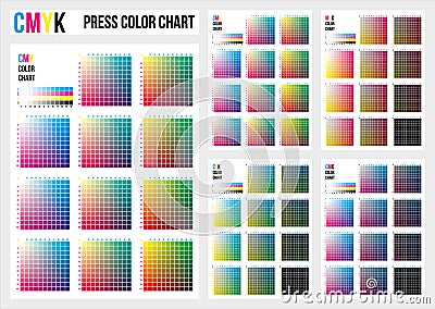 CMYK press color chart. Vector color palette, CMYK process printing match. Color management, quality control in print production. Vector Illustration