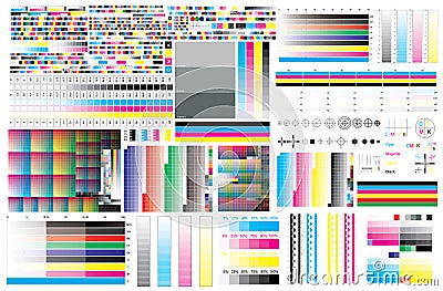 CMYK print test color offset vector calibration printing marks, color bar CMYK and color test chart. Vector Illustration