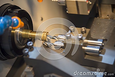The CNC lathe machine drilling the small brass Stock Photo