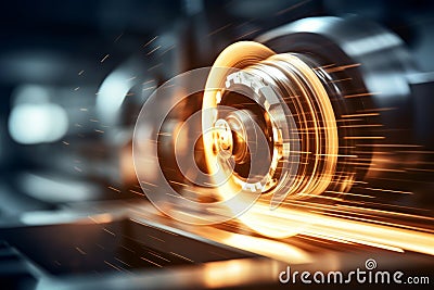 Cnc lathe tool spinning fast, cutting edge glowing, sharp in focus for precise machining Stock Photo