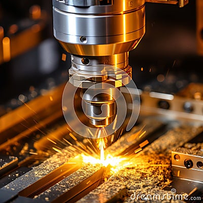 Cnc lathe tool spinning fast, glowing cutting edge in sharp focus for optimal search relevance Stock Photo